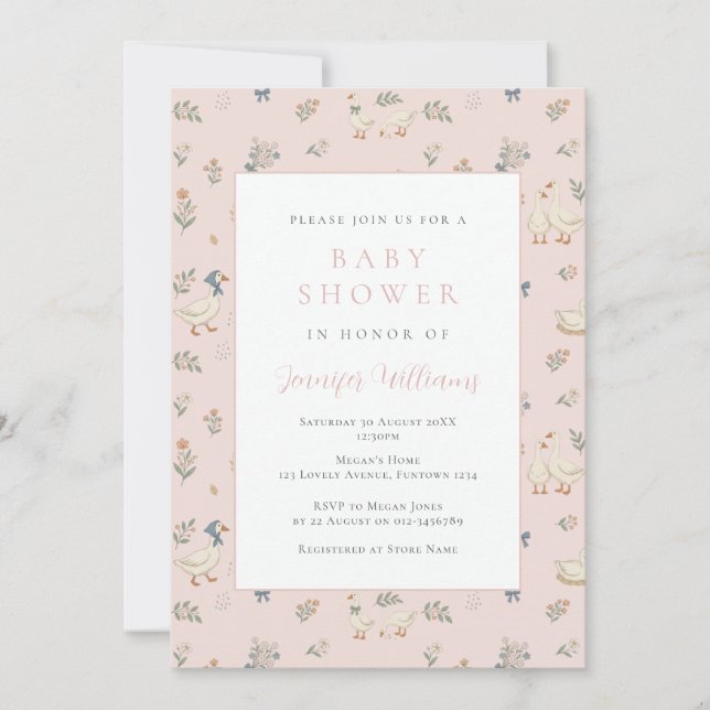 Söt Gås Rosa Bebis Shower Inbjudan (Framsida)