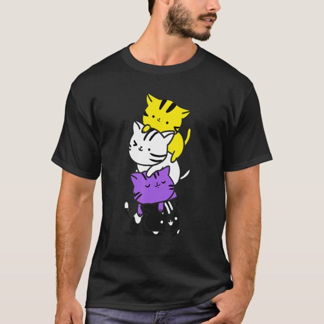 Söt Gay Pride Icke-binär Katt-hög LGBT Flagga Stöd T Shirt (Framsida)