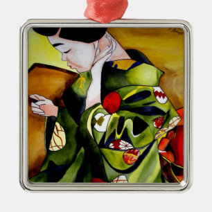 Söt geisha med grön kimono original konst julgransprydnad metall