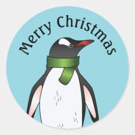 Söt Gentoo Pingvin Som Bär En Grön Halsduk På Blå Runt Klistermärke