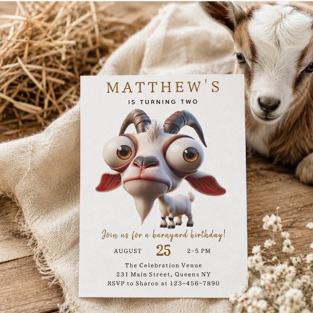 Söt get Gårdsdjur 2-års födelsedagsfest Inbjudningar (Cute goat Farm Animals 2nd Birthday Party Invitation)