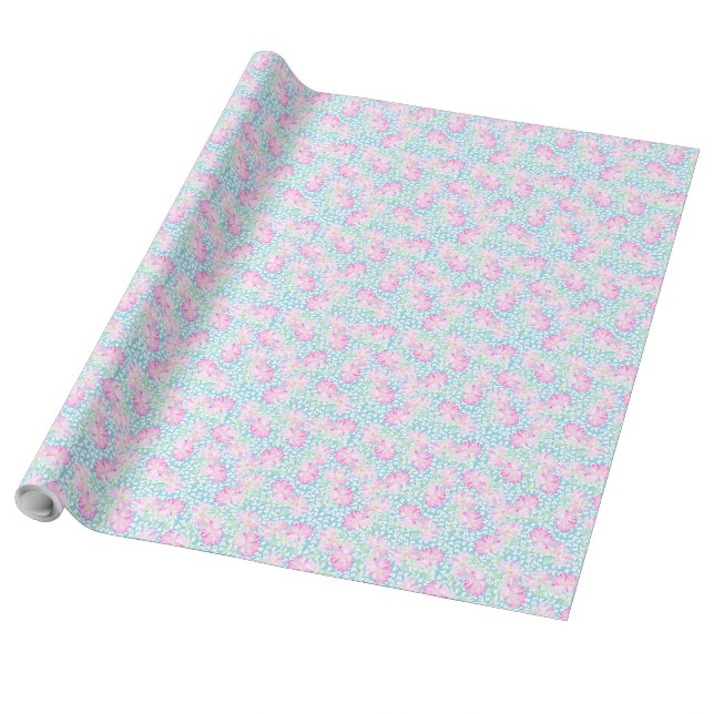 Söt Giftwrap Rosa ros, White Butterflies Blue Presentpapper (Utrullad)