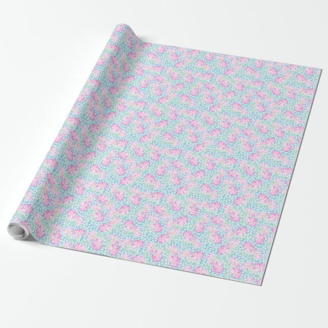 Söt Giftwrap Rosa ros, White Butterflies Blue Presentpapper (Utrullad)