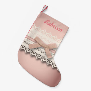 Söt, gigantisk chic, vit snöre dammig ro rosa båge liten julstrumpa
