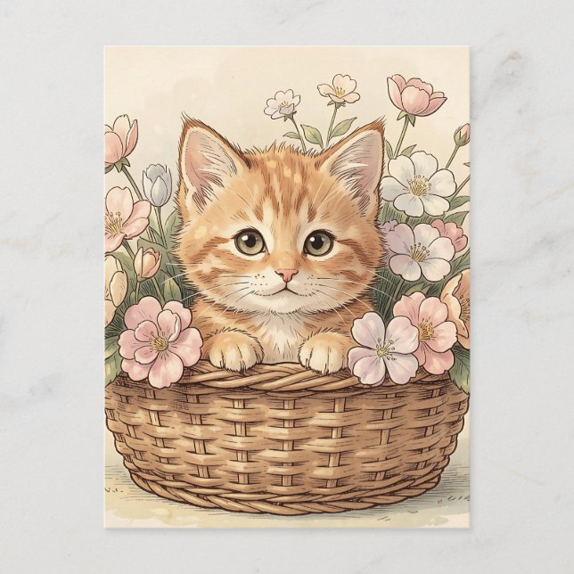 Söt Ginger-kattunge i blomsterkorg Vykort (Framsida)