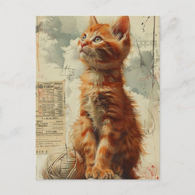 Söt Ginger Kitten Vintage Collage Vykort (Framsida)
