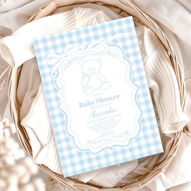 Söt Gingham Fransk Teddybjörn Bebis Shower Inbjudningar (Skapare uppladdad)