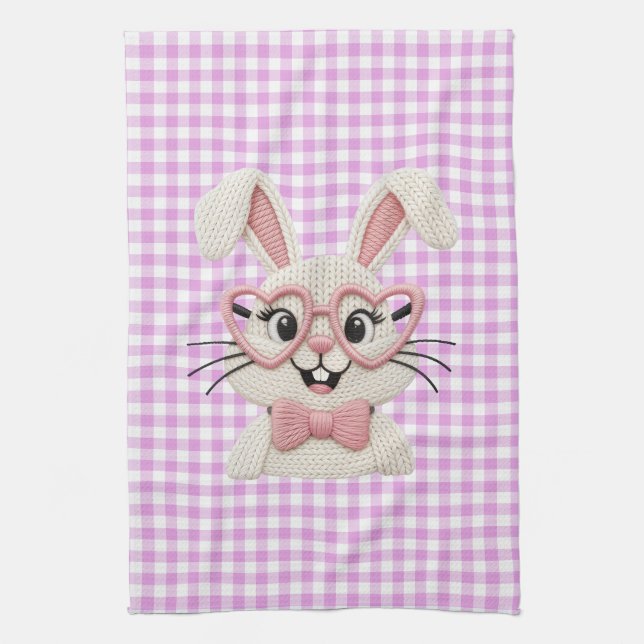 Söt Gingham-Kanin Rosa Hjärtformade Glasögon  Kökshandduk (Vertikal)