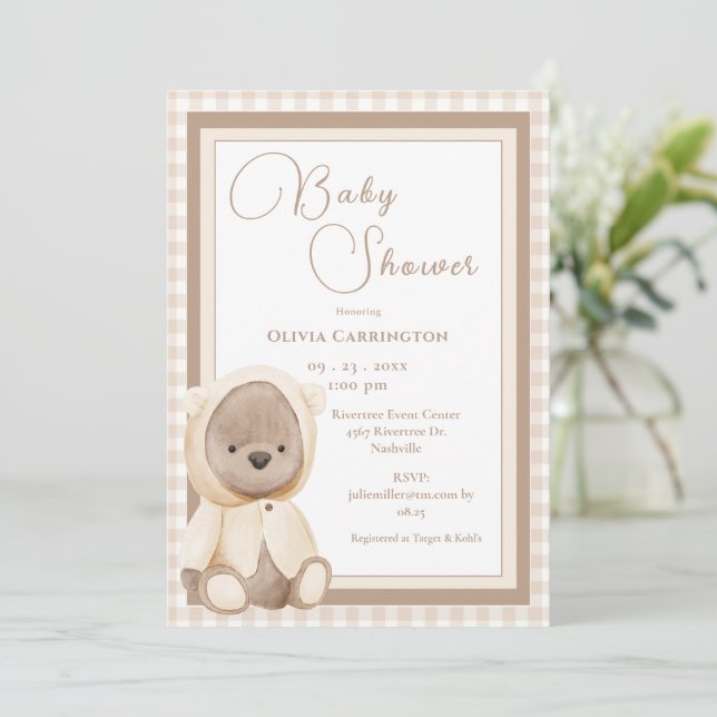 Söt Gingham Retro Baby Shower Inbjudan (Stående Fram)