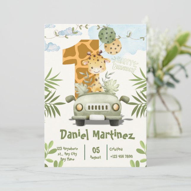 Söt Giraff 1-års Födelsedagsdesign för Fram- och B Inbjudningar (Stående Fram)