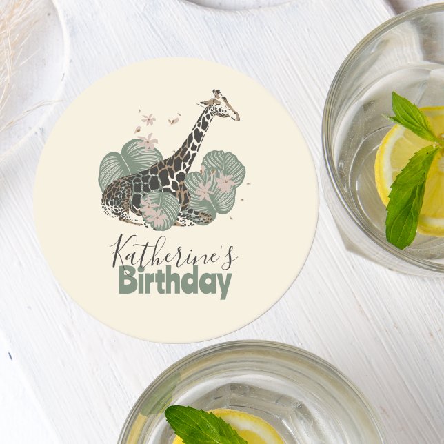 Söt Giraff Botanisk Djur Födelsedagsfest Underlägg Papper Rund (Skapare uppladdad)