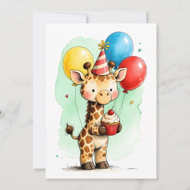 Söt Giraff & Cupcake Barnets Födelsedagsflat Kort (Framsida)