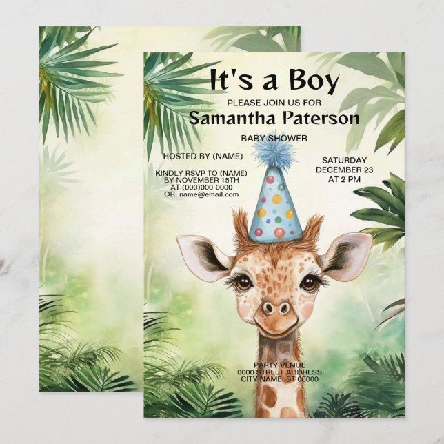 Söt Giraff Djungel Baby Shower Fest Vacker Inbjudningar (Fram/baksida)