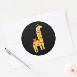 Söt Giraff & Fågel Blommor Gul Röda på Svart Runt Klistermärke