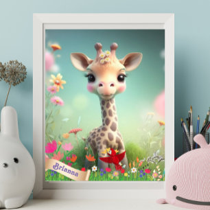 Söt Giraff i Trädgård Personlig Konst Barnkammare Poster
