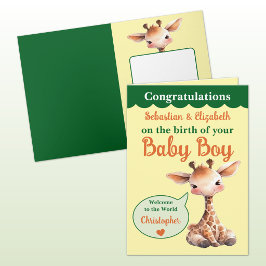 Söt giraff lägg till namn orange grön baby pojke kort