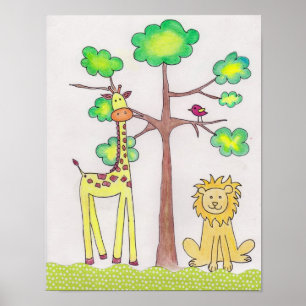 Söt giraff lejon illustration barnkammare konst poster