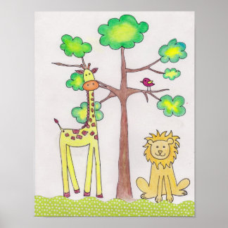 Söt giraff lejon illustration barnkammare konst poster