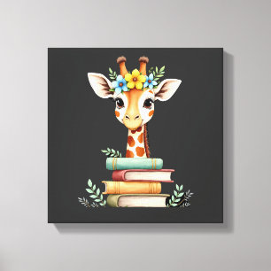 Söt Giraff Med Bok Blommig Bokälskare Bibliotekari Canvastryck