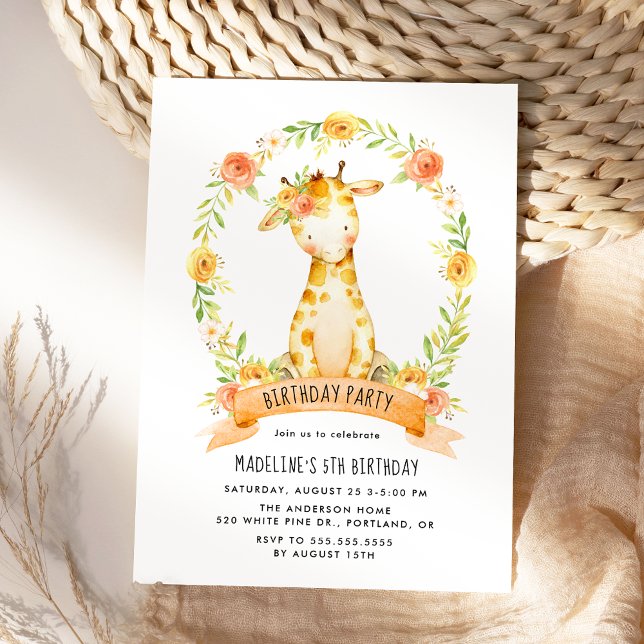 Söt Giraff Orange Vattenfärg Blommig Födelsedag Inbjudningar (Skapare uppladdad)
