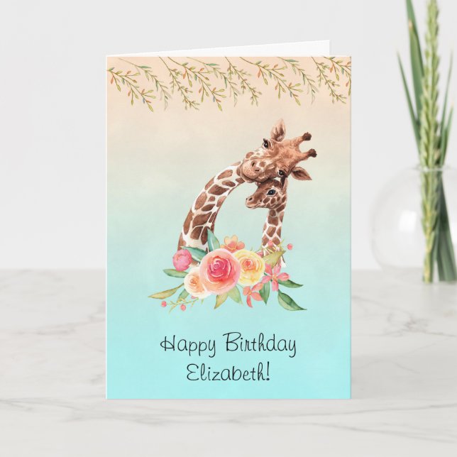 Söt Giraff Vattenfärg Mamma & Bebis Födelsedag Kort (Framsida)