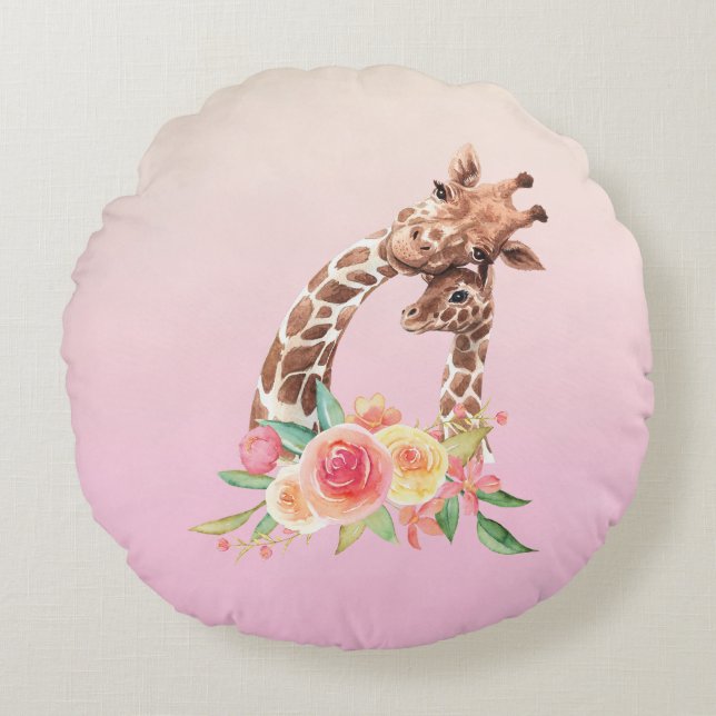 Söt Giraff Vattenfärg Mamma & Bebis Rund Kudde (Framsidan)