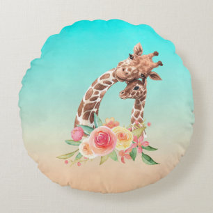 Söt Giraff Vattenfärg Mamma & Bebis Rund Kudde