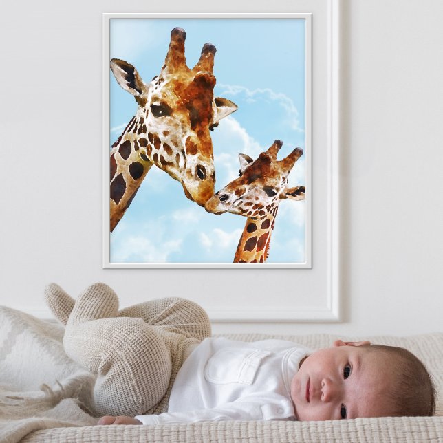 Söt Giraffdjurstema Poster för Barnkammare (Adorable poster featuring a watercolor illustration of a giraffe mom and baby)