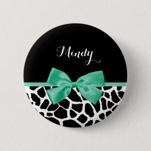 Söt Giraffe Print Mint Grönt Bow med Namn Knapp