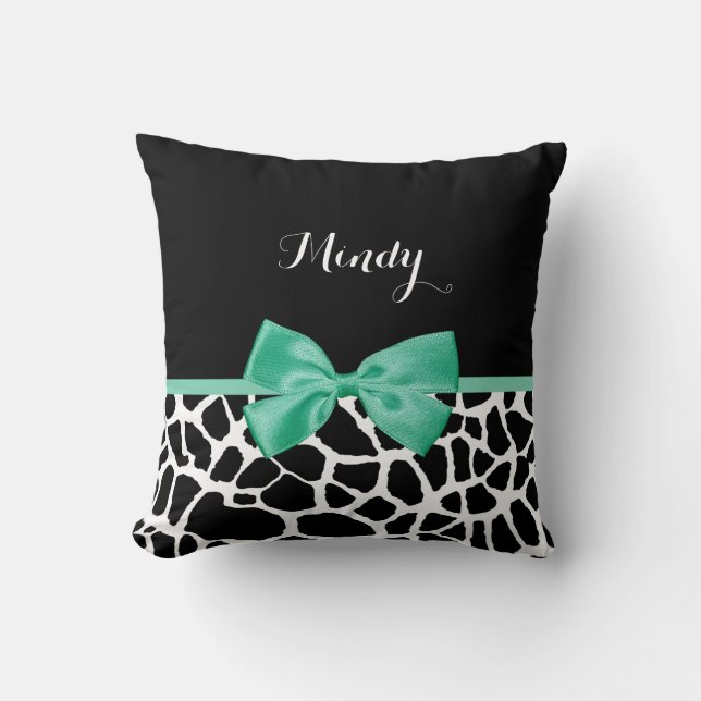 Söt Giraffe Print Mint Grönt Bow med Namn Kudde (Framsida)