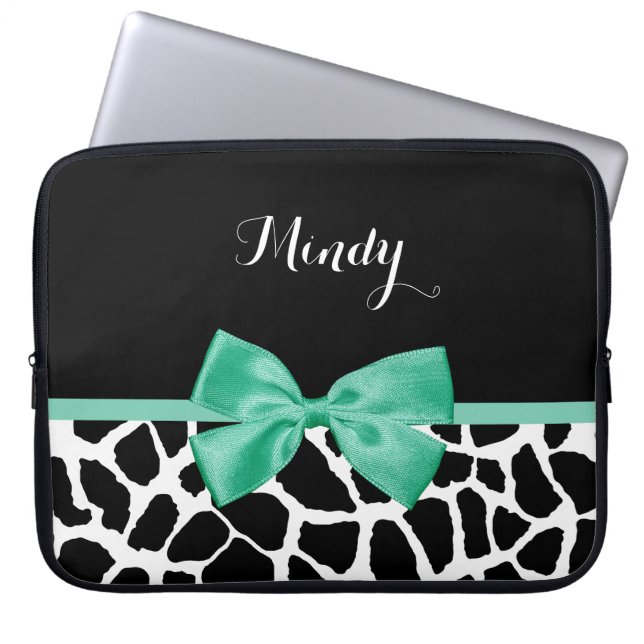 Söt Giraffe Print Mint Grönt Bow med Namn Laptop Sleeve (Framsidan)