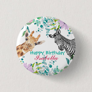 Söt Giraffe zoo-djur djungel Blommigt Birthday Knapp