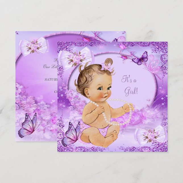 Söt Girl Baby Shower Lila Butterfly Brunette Inbjudningar (Fram/baksida)