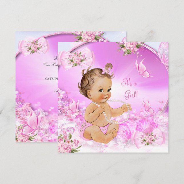Söt Girl Baby Shower Rosa Butterfly Brunette LT Inbjudningar (Fram/baksida)