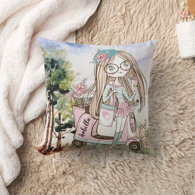 Söt Girl Chef på Scooter Personlig Namn Kudde (Filt)