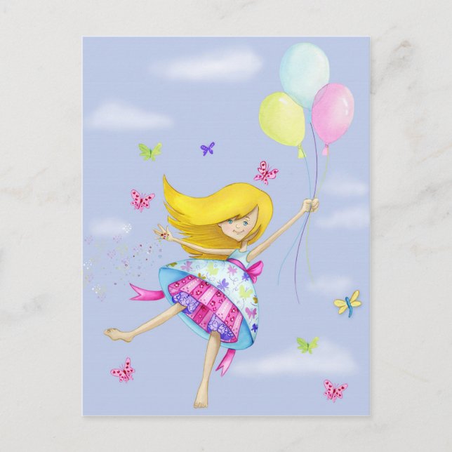Söt Girl Girl Balloon Fairy Flight of Finare Gifts Vykort (Framsida)