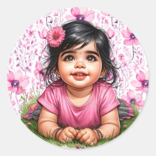 Söt Girl Girl Blommigt Rosa Baby Shower Runt Klistermärke
