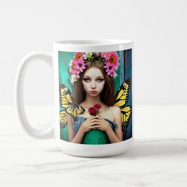 Söt Girl with Butterflies and Flowers Kaffemugg (Vänster)