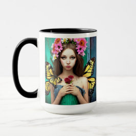 Söt Girl with Butterflies and Flowers Mugg
