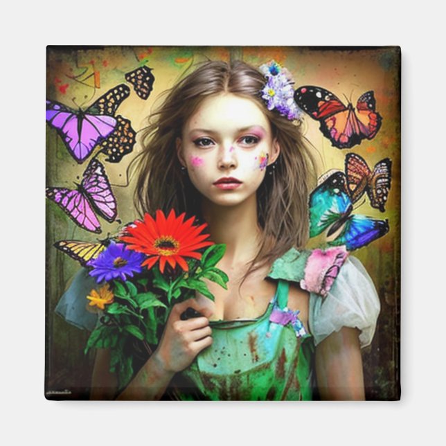 Söt Girl with Red Flowers and Butterflies Magnet (Framsidan)