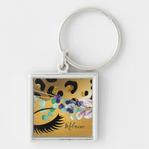 Söt Girly Glitter Guld Animal Print Named Glam Fyrkantig Silverfärgad Nyckelring