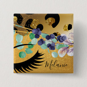 Söt Girly Glitter Guld Animal Print Named Glam Knapp