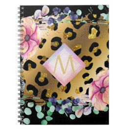 Söt Girly Leopard Print Guld Rosa Monogrammed Anteckningsbok