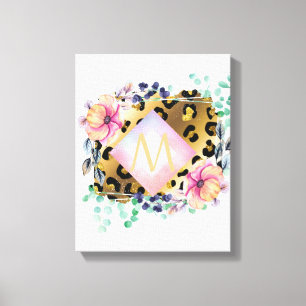 Söt Girly Leopard Print Guld Rosa Monogrammed Canvastryck