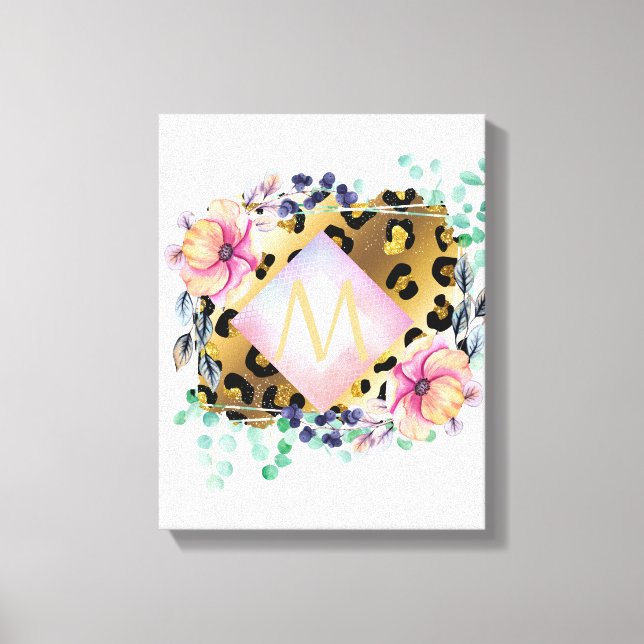 Söt Girly Leopard Print Guld Rosa Monogrammed Canvastryck (Framsida)