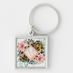 Söt Girly Leopard Print Guld Rosa Monogrammed Fyrkantig Silverfärgad Nyckelring
