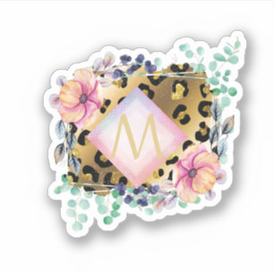 Söt Girly Leopard Print Guld Rosa Monogrammed Klistermärken