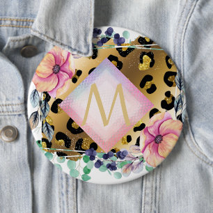 Söt Girly Leopard Print Guld Rosa Monogrammed Knapp