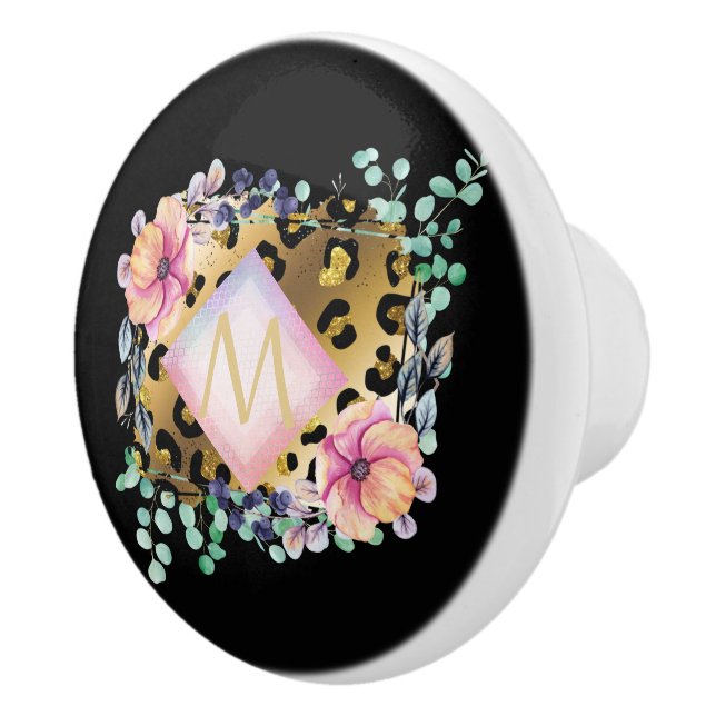 Söt Girly Leopard Print Guld Rosa Monogrammed Knopp (Höger)