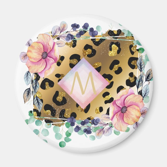 Söt Girly Leopard Print Guld Rosa Monogrammed Magnet (Framsidan)